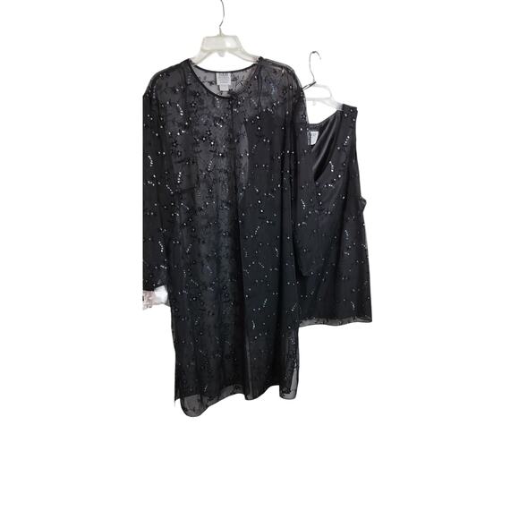 4302)R&M Richards Karen Kwong Black Bling Sheer Tank & Duster Set Plus Size 24W - Picture 1 of 9